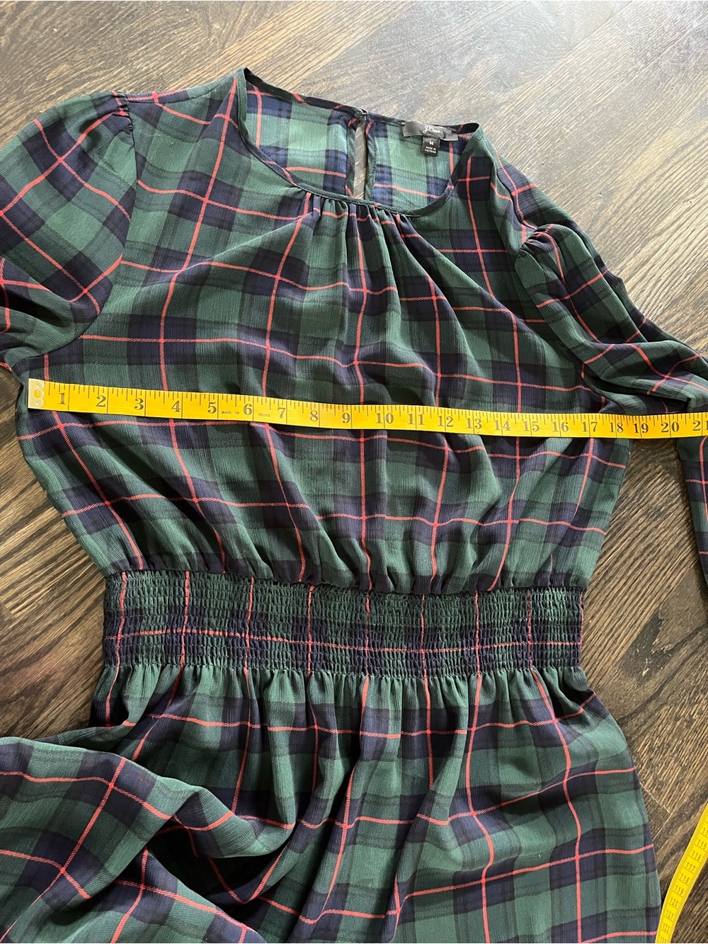 J. Crew Glendale Green & Navy Plaid Cinched Waist Sheer Mini Dress Size M - Picture 5 of 7
